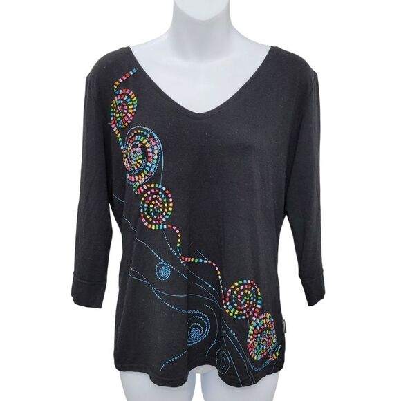 Vintage Tops - 2/$20 Vango Paris Black & Rainbow Pattern Top Blouse Size: Large